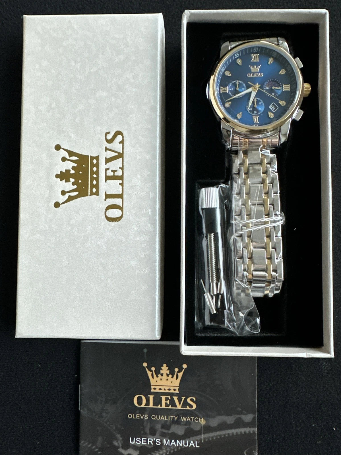 OLEVS Mens Watch Triple Dial, Blue Face, Gold/Sliver Band, Diamond, Waterproof