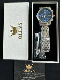 OLEVS Mens Watch Triple Dial, Blue Face, Gold/Sliver Band, Diamond, Waterproof