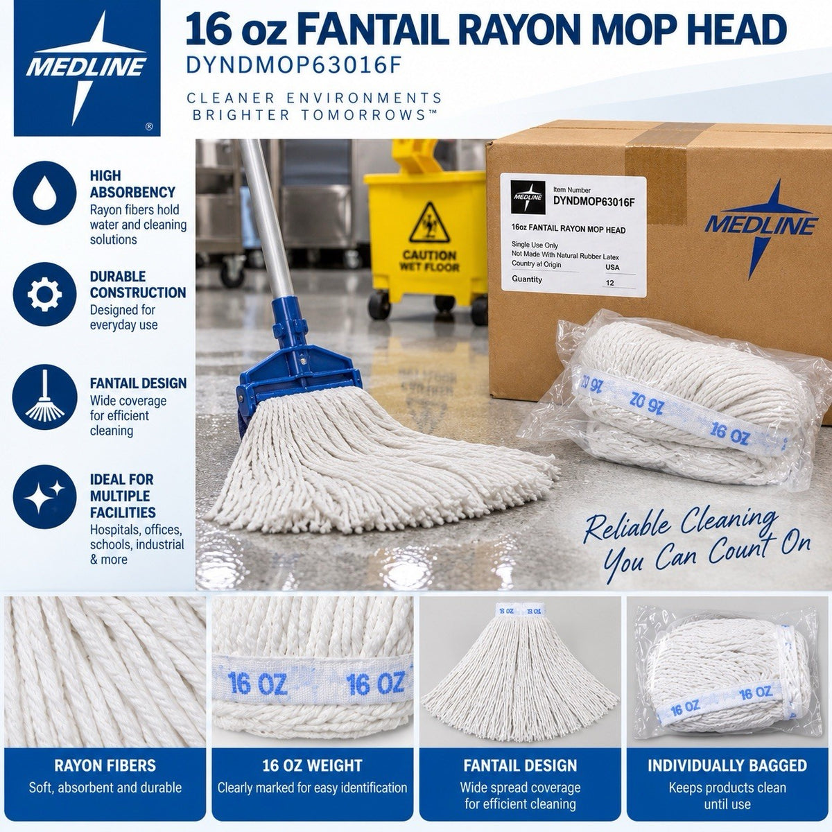 Medline DYNDMOP63016F 16 oz Fantail Rayon Mop Head White Case of 12 New