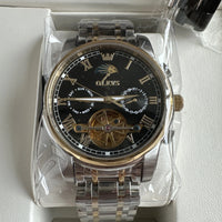 Olevs Mens Luxury Watch Skeleton, Moon Phase, Silver/Gold Band, Black Dial