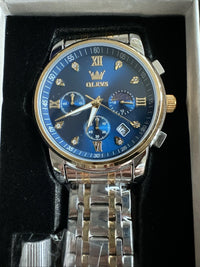 OLEVS Mens Watch Triple Dial, Blue Face, Gold/Sliver Band, Diamond, Waterproof