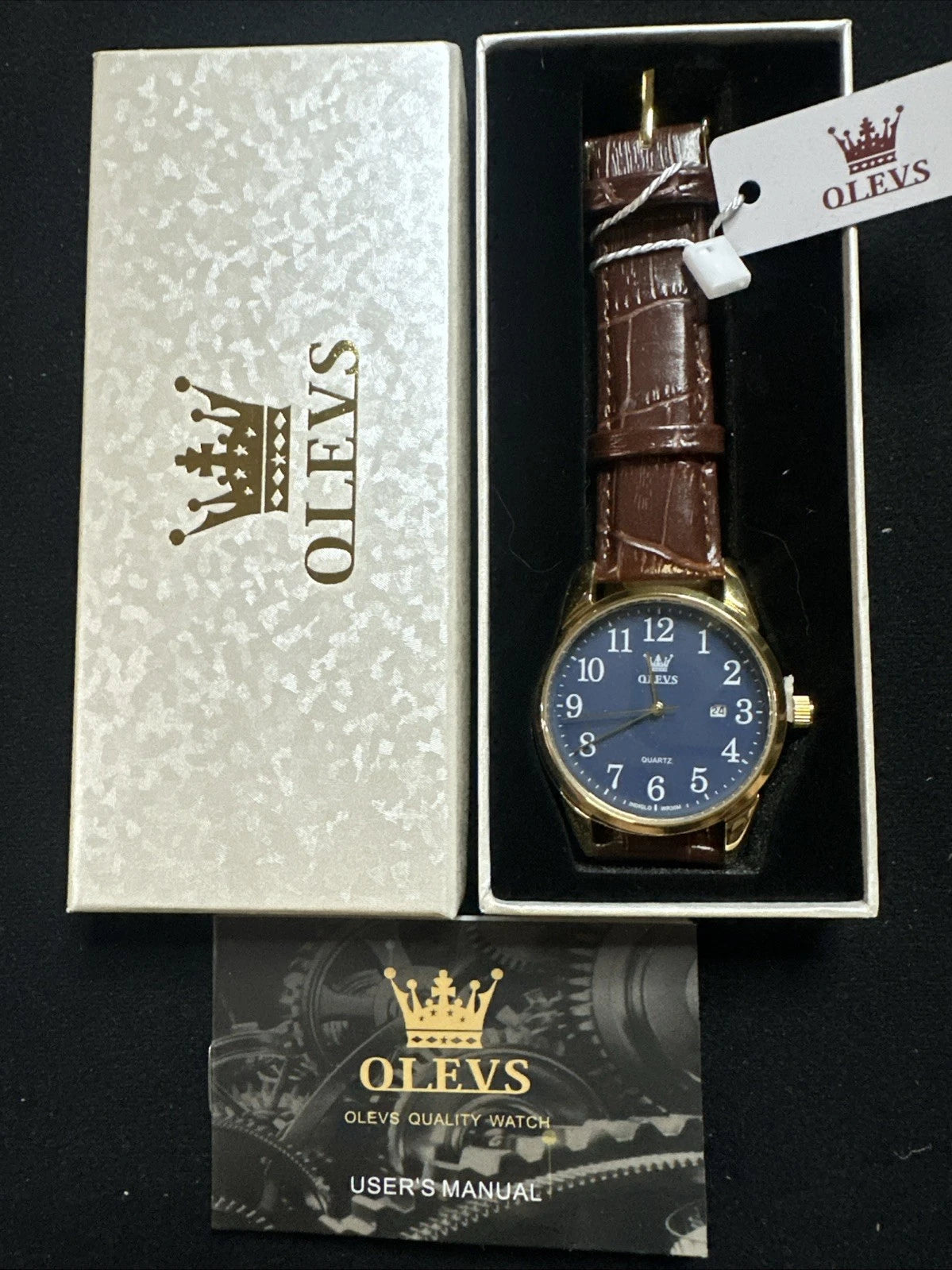 OLEVS Mens Watch Blue Face, Brown Leather Band, Day Date, Easy Reader