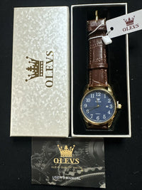 OLEVS Mens Watch Blue Face, Brown Leather Band, Day Date, Easy Reader
