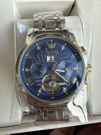 Olevs Men’s Watch Skeleton 5 Hands Gold/Silver Band, Blue Dial