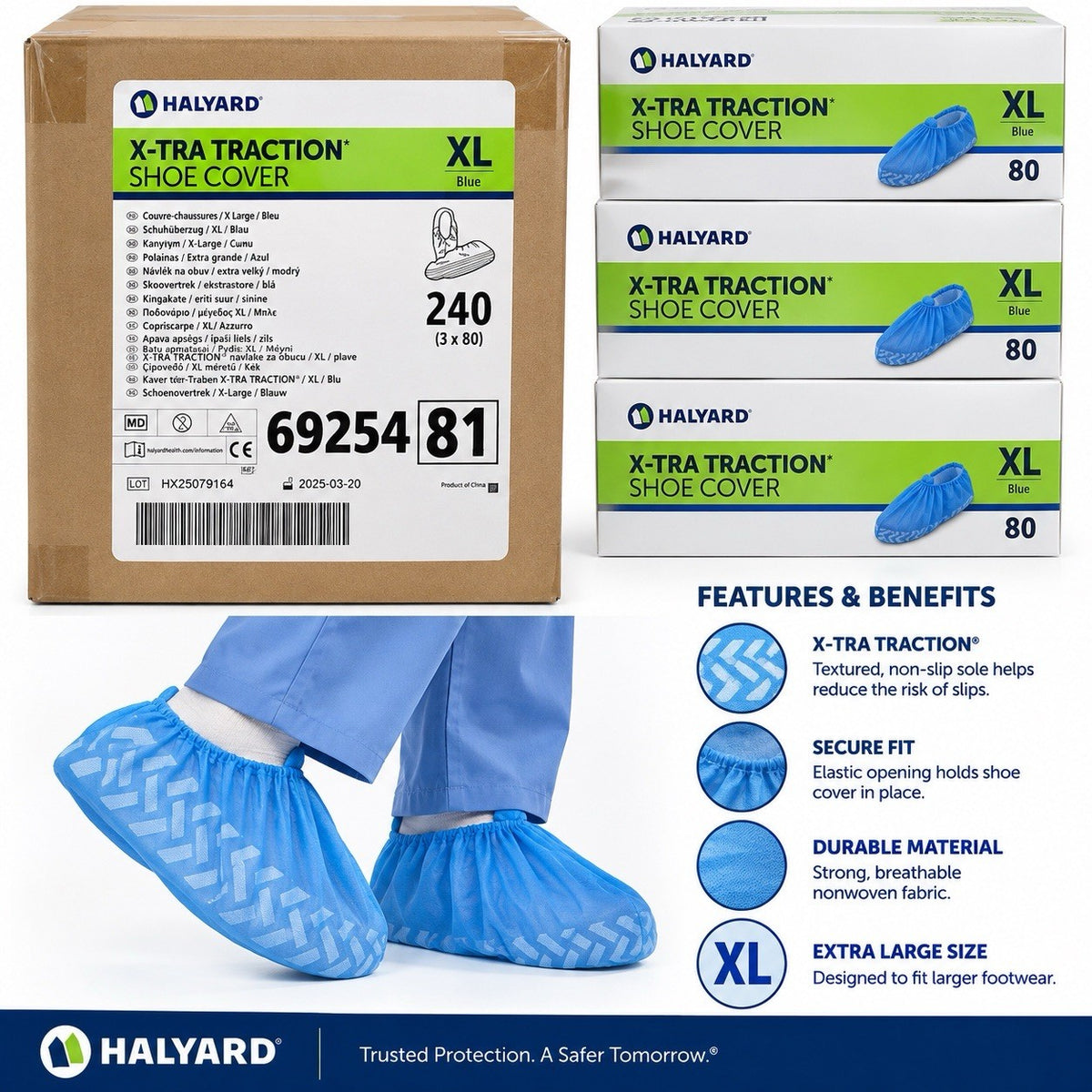 Halyard 69254 X-Tra Traction Shoe Covers XL Blue 240 Count Full Case New