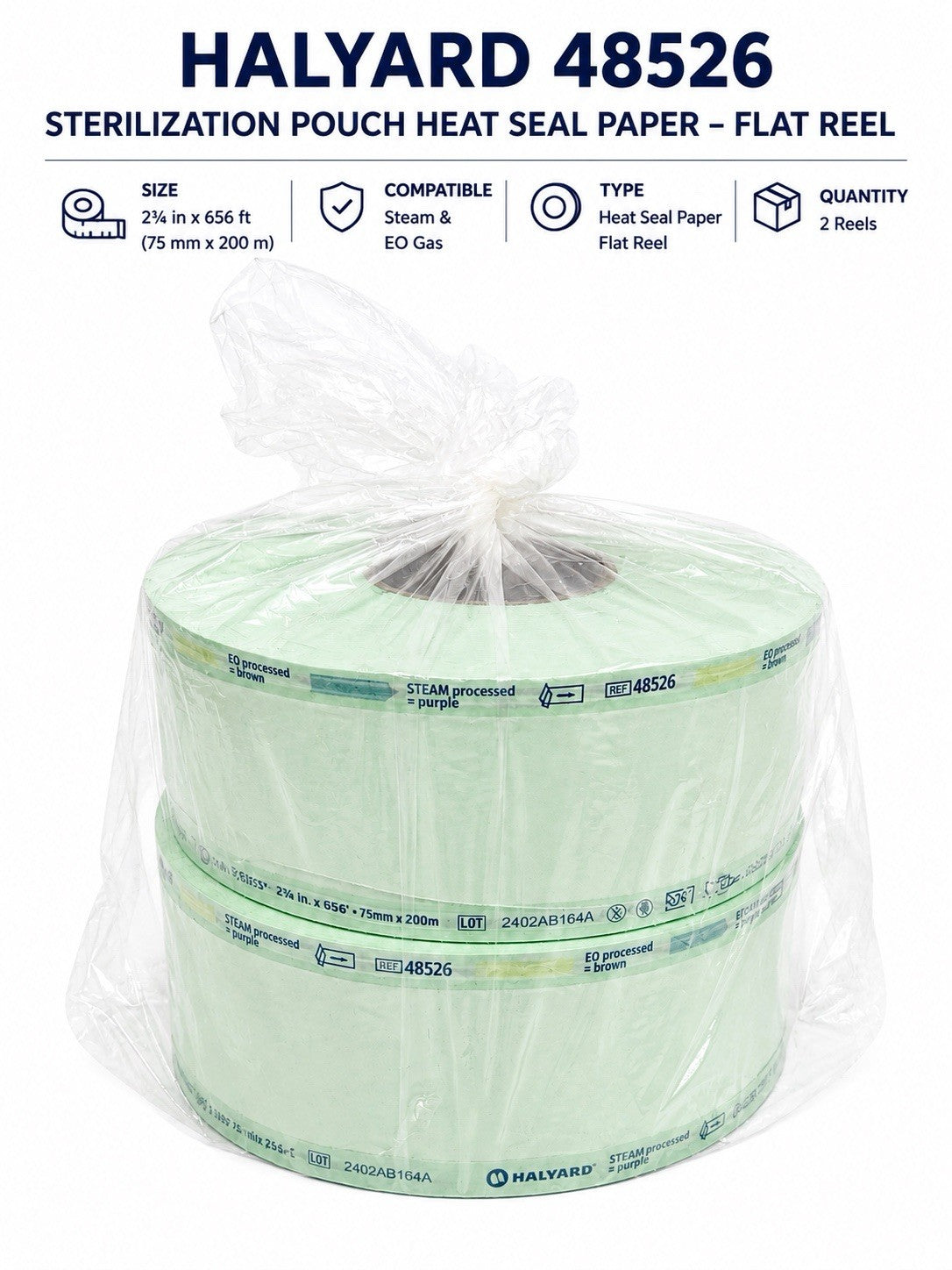 Halyard 48526 Sterilization Pouch Heat Seal Flat Reel 2-Pack 2-3/4” x 656’