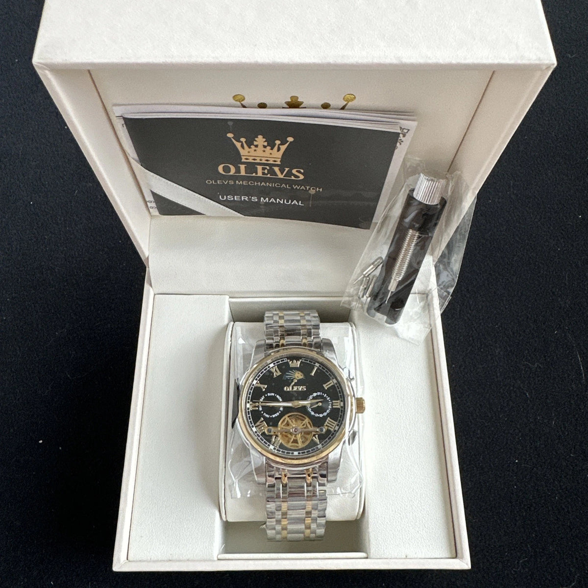 Olevs Mens Luxury Watch Skeleton, Moon Phase, Silver/Gold Band, Black Dial