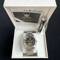 Olevs Mens Luxury Watch Skeleton, Moon Phase, Silver/Gold Band, Black Dial
