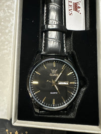 OLEVS Mens Watch Black Face, Black Leather Band, Day Date