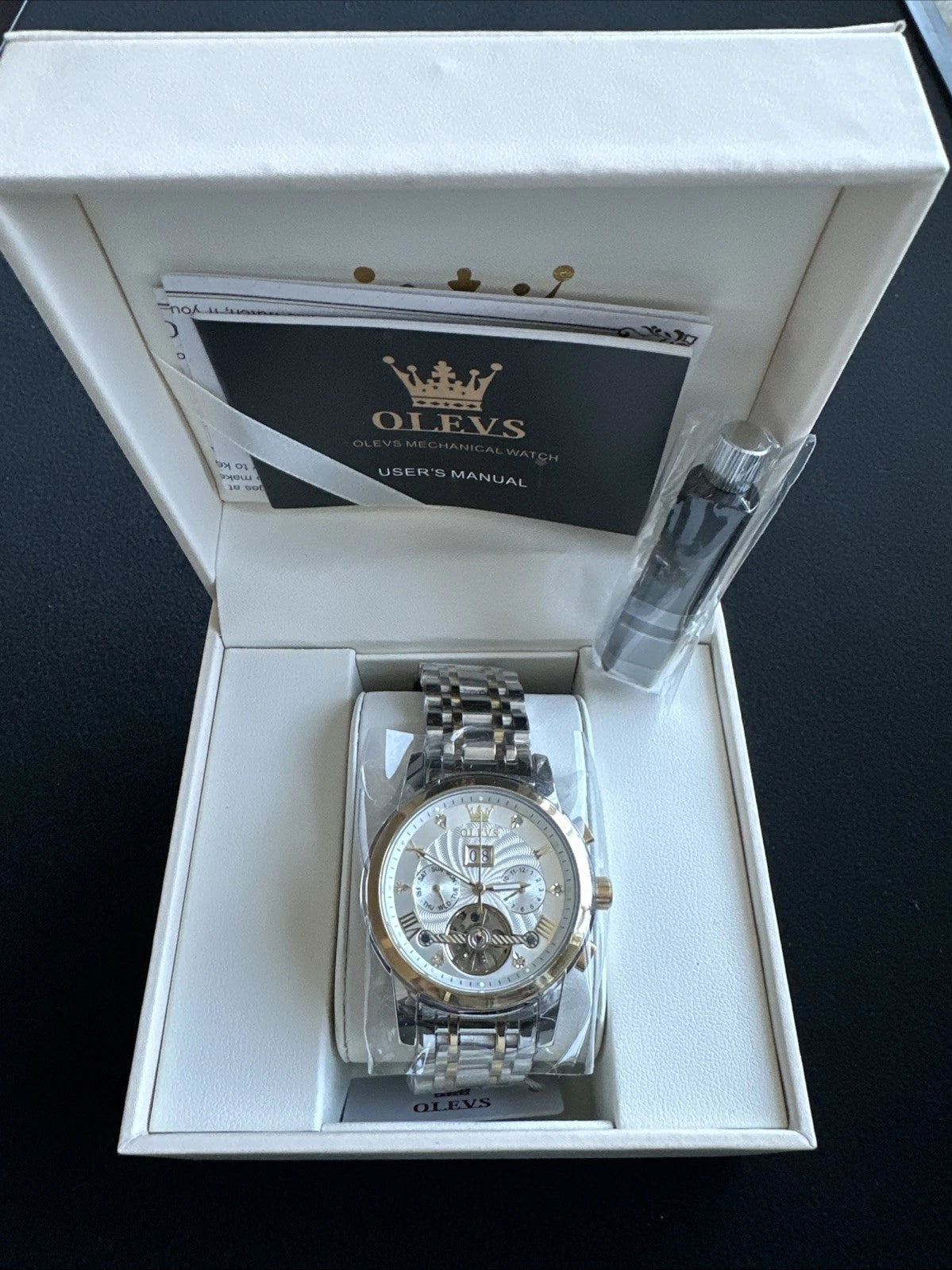 Olevs Men’s Watch Skeleton 5 Hands Silver/Gold Band, Silver Dial