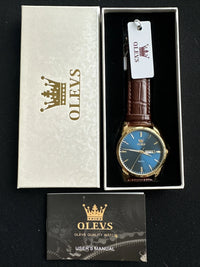 OLEVS Mens Watch Blue Face, Brown Leather Band, Day Date, Easy Reader