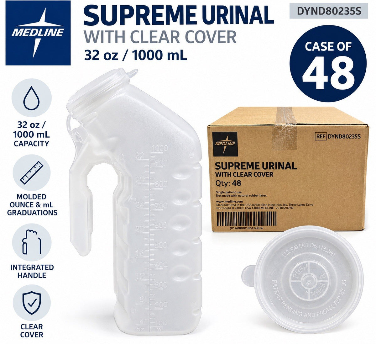 Medline DYND80235S Supreme Male Urinal w/ Clear Cover 32 oz Case of 48