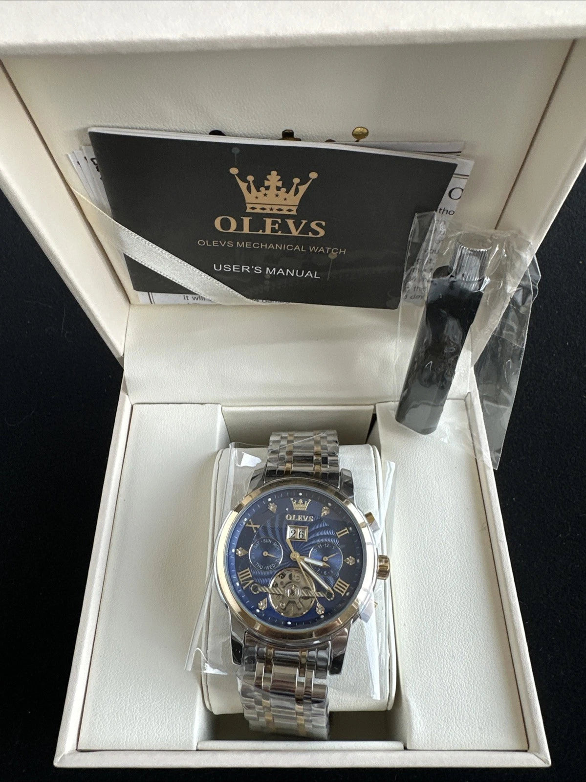 Olevs Men’s Watch Skeleton 5 Hands Gold/Silver Band, Blue Dial