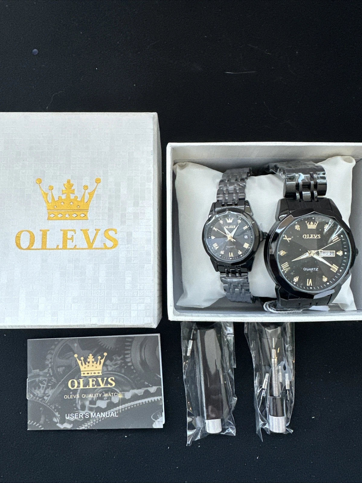 OLEVS Quartz Couple Pair All Black, Waterproof, Calendar