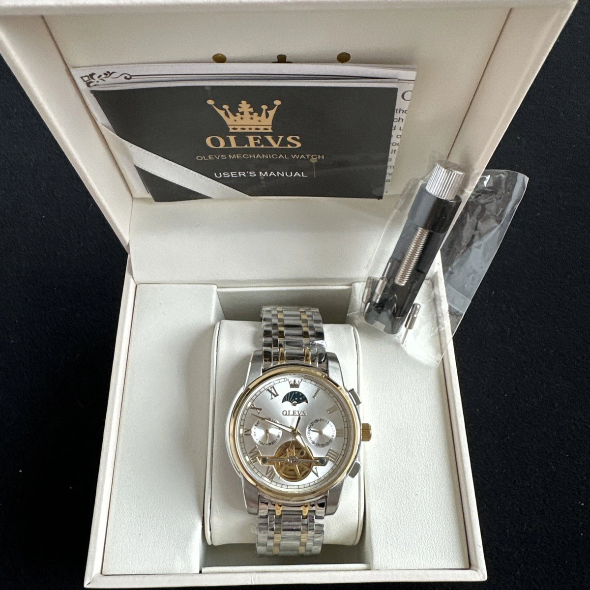 Olevs Mens Luxury Watch Skeleton, Moon Phase, Silver/Gold Band, Champagne Dial