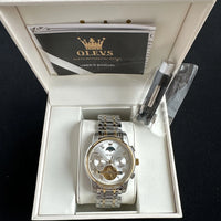 Olevs Mens Luxury Watch Skeleton, Moon Phase, Silver/Gold Band, Champagne Dial