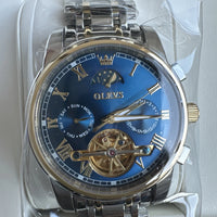 Olevs Mens Luxury Watch Skeleton, Moon Phase, Silver/Gold Band, Blue Dial