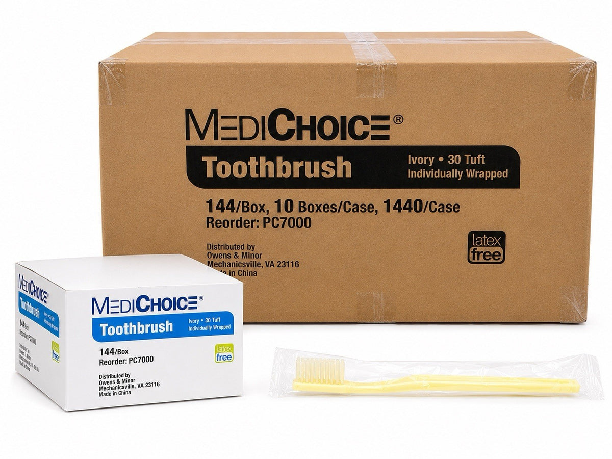 MediChoice PC7000 Adult Toothbrush Ivory 30 Tuft Individually Wrapped Case 1440