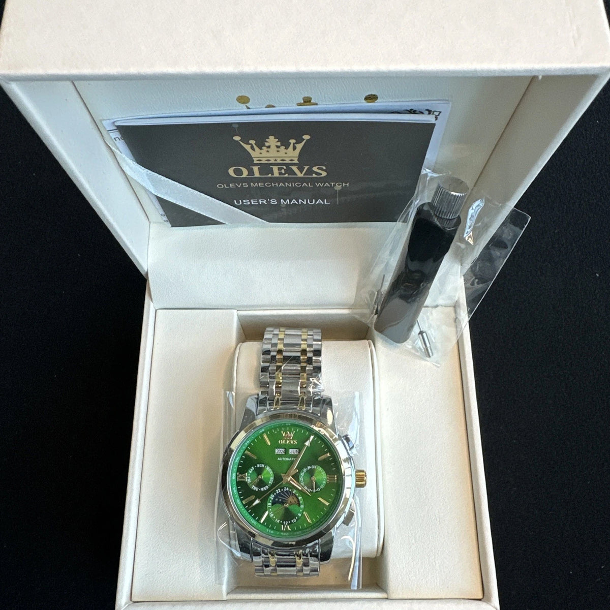 Olevs Mens Luxury Watch Moon Phase, Silver/Gold Band, GreenDial