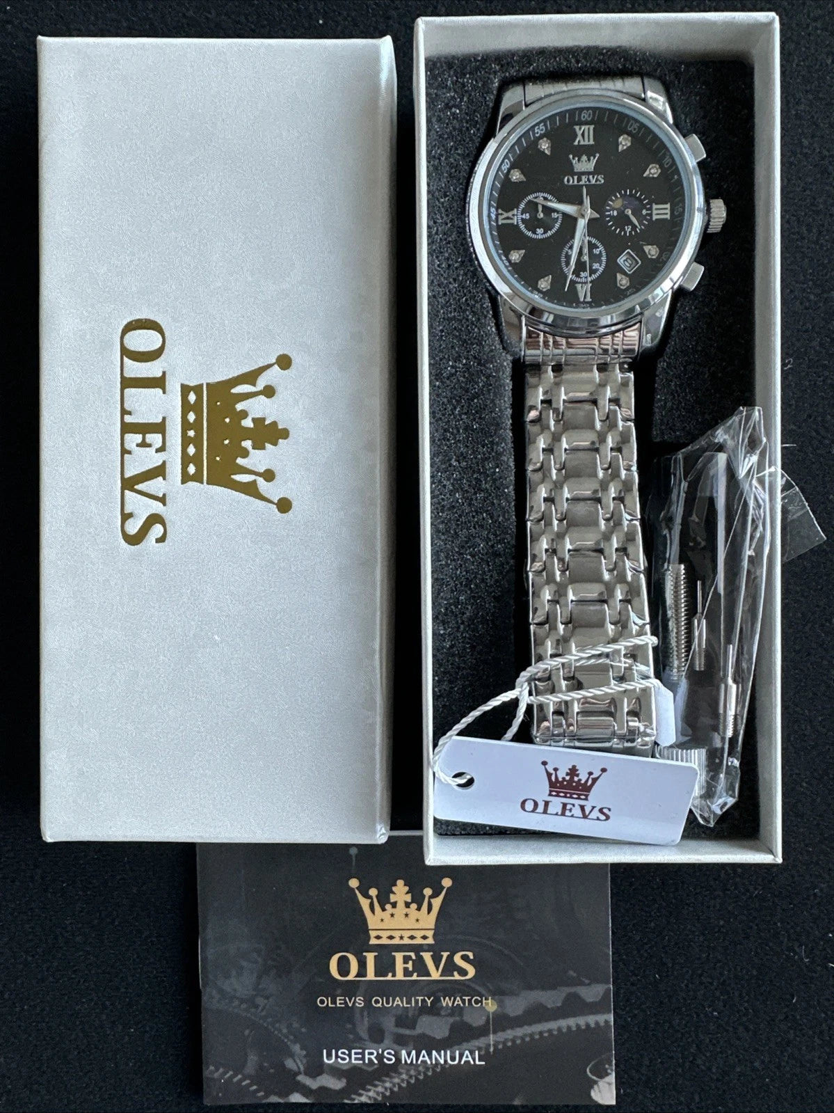 OLEVS Mens Watch Triple Dial, Black Face, Stainless Steel Band, Diamond