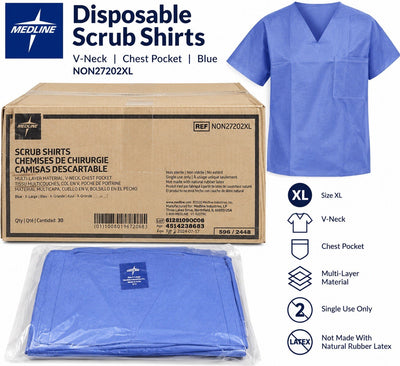 Medline NON27202XL Disposable Scrub Shirts Blue XL Non-Sterile Case of 30