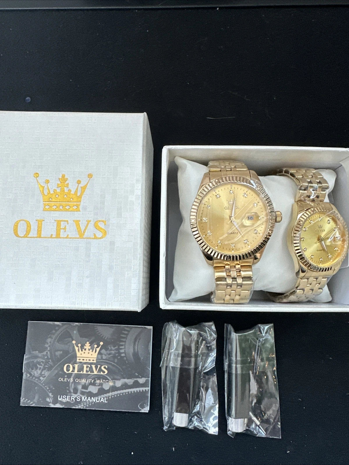 OLEVS Quartz Couple Pair Gold Dial With Diamond, Gold Band, Waterproof