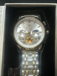 OLEVS Men Watch Mechanical Skeleton, Moon Phase, Silver Face, Gold/Silver Band