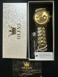 OLEVS Men Watch Mechanical Skeleton, Moon Phase, Gold Face, Gold Band