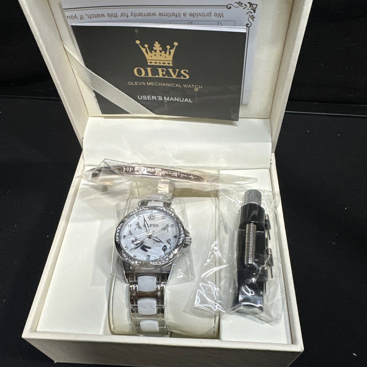 Olevs Automatic Mechanical Women Watch Ceramic Steel Band Waterproof Wristwatch