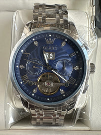 Olevs Men’s Watch Skeleton 5 Hands Silver Band, Blue Dial, Gold Bezel