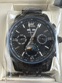 Olevs Mens Luxury Watch Moon Phase, Black Band, Black Dial