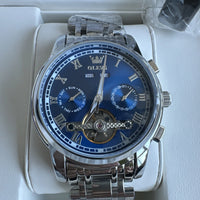 Olevs Mens Luxury Watch Skeleton, Day Date, Silver/Gold Band, Blue Dial