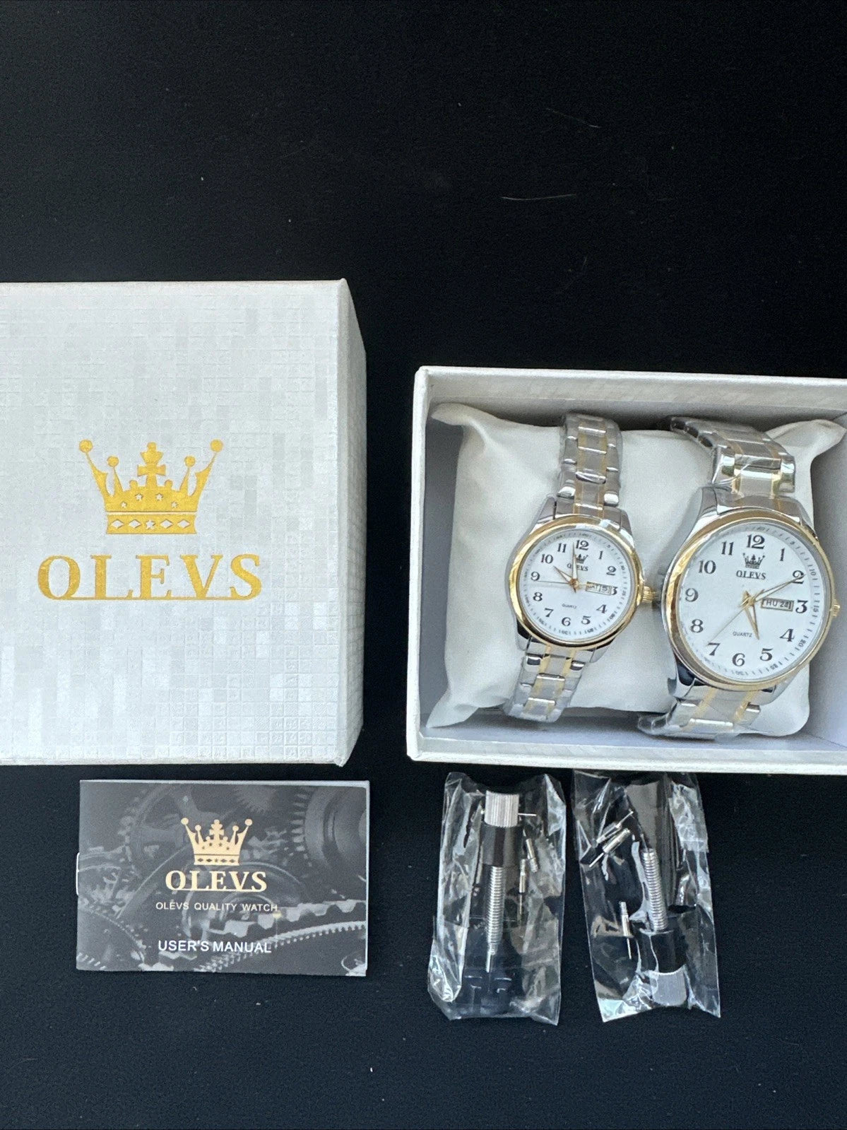 OLEVS Valentines Couple Pair White Dial, Gold/Stainless Steel, Waterproof,