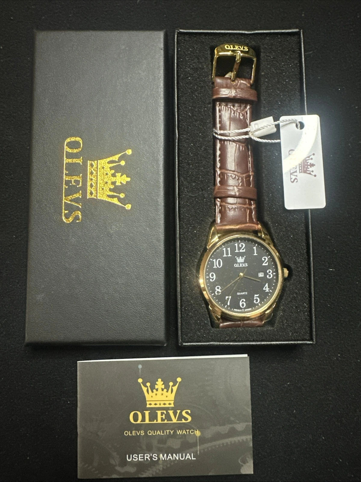 OLEVS Mens Watch Black Face, Brown Leather Band, Day Date, Easy Reader