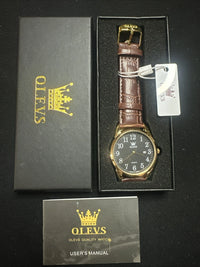 OLEVS Mens Watch Black Face, Brown Leather Band, Day Date, Easy Reader