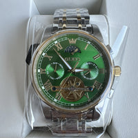 Olevs Mens Luxury Watch Skeleton, Moon Phase, Silver/Gold Band, Green Dial