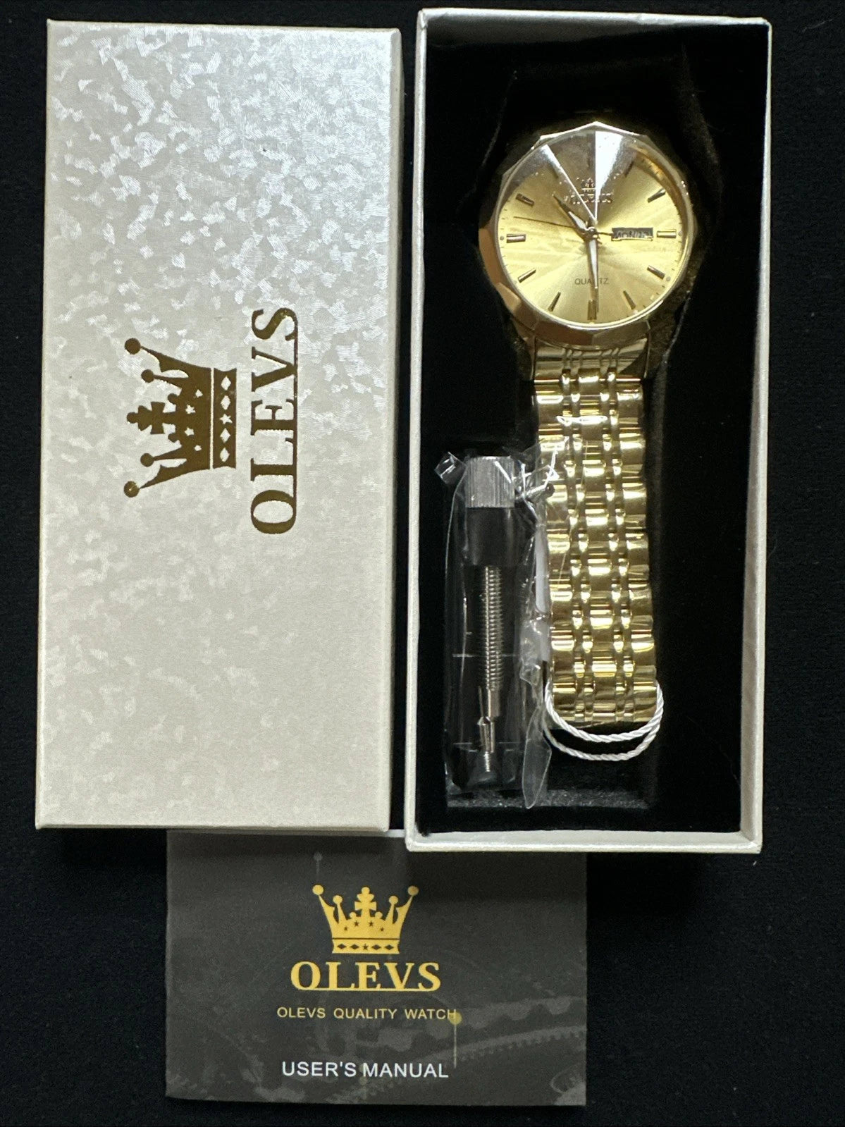 OLEVS Mens Watch Gold Face, Gold Band, Day Date, Quartz