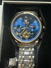 OLEVS Men Watch Mechanical Skeleton, Moon Phase, Blue Face, Gold/Silver Band