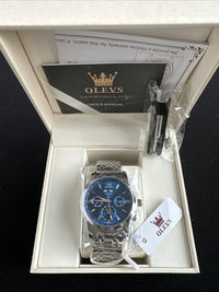 Olevs Mens Luxury Watch Moon Phase, Silver Band, Blue Dial