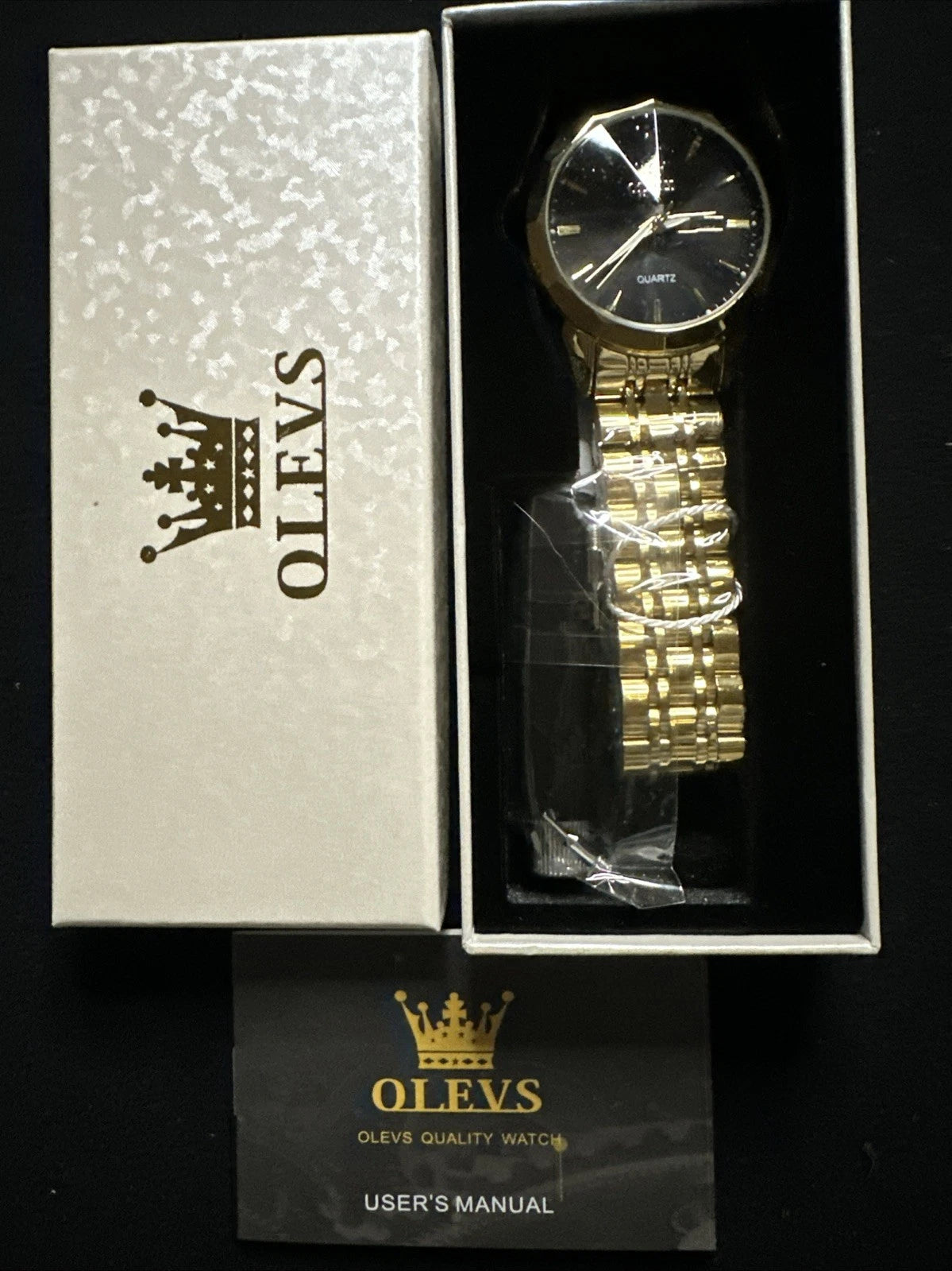OLEVS Mens Watch Black Face, Gold Band, Day Date, Quartz