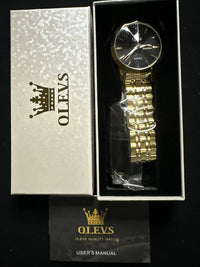 OLEVS Mens Watch Black Face, Gold Band, Day Date, Quartz