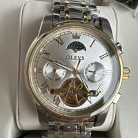 Olevs Mens Luxury Watch Skeleton, Moon Phase, Silver/Gold Band, Champagne Dial