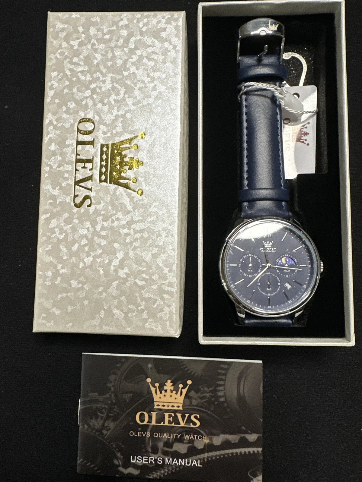 OLEVS Mens Watch Triple Dial, Blue Face, Blue Leather Band