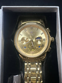 OLEVS Men Watch Mechanical Skeleton, Moon Phase, Gold Face, Gold Band