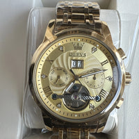 Olevs Men’s Watch Skeleton 5 Hands Gold Band, Gold Dial