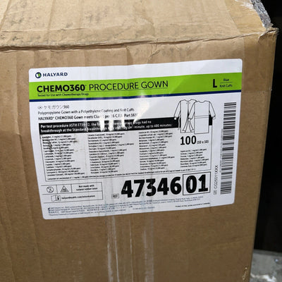 100 PACK Halyard Chemo360 Procedure Gown Size LARGE Blue 47346 01