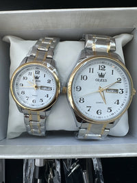 OLEVS Valentines Couple Pair White Dial, Gold/Stainless Steel, Waterproof,