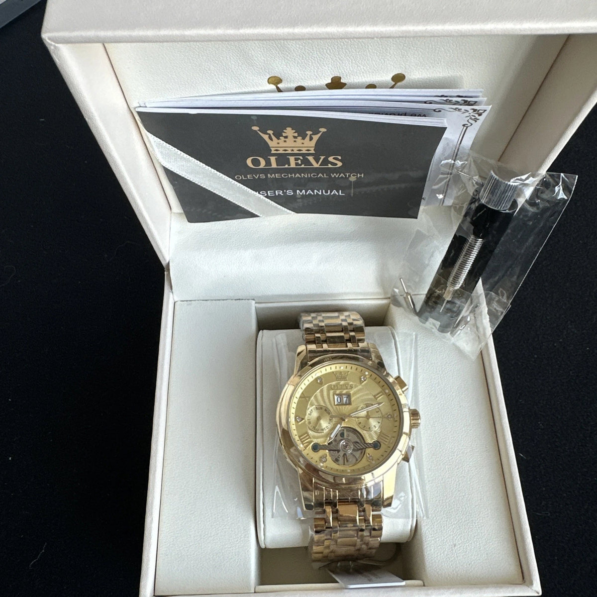 Olevs Men’s Watch Skeleton 5 Hands Gold Band, Gold Dial