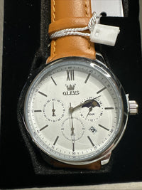 OLEVS Mens Watch Triple Dial, White Face, Orange Leather Band