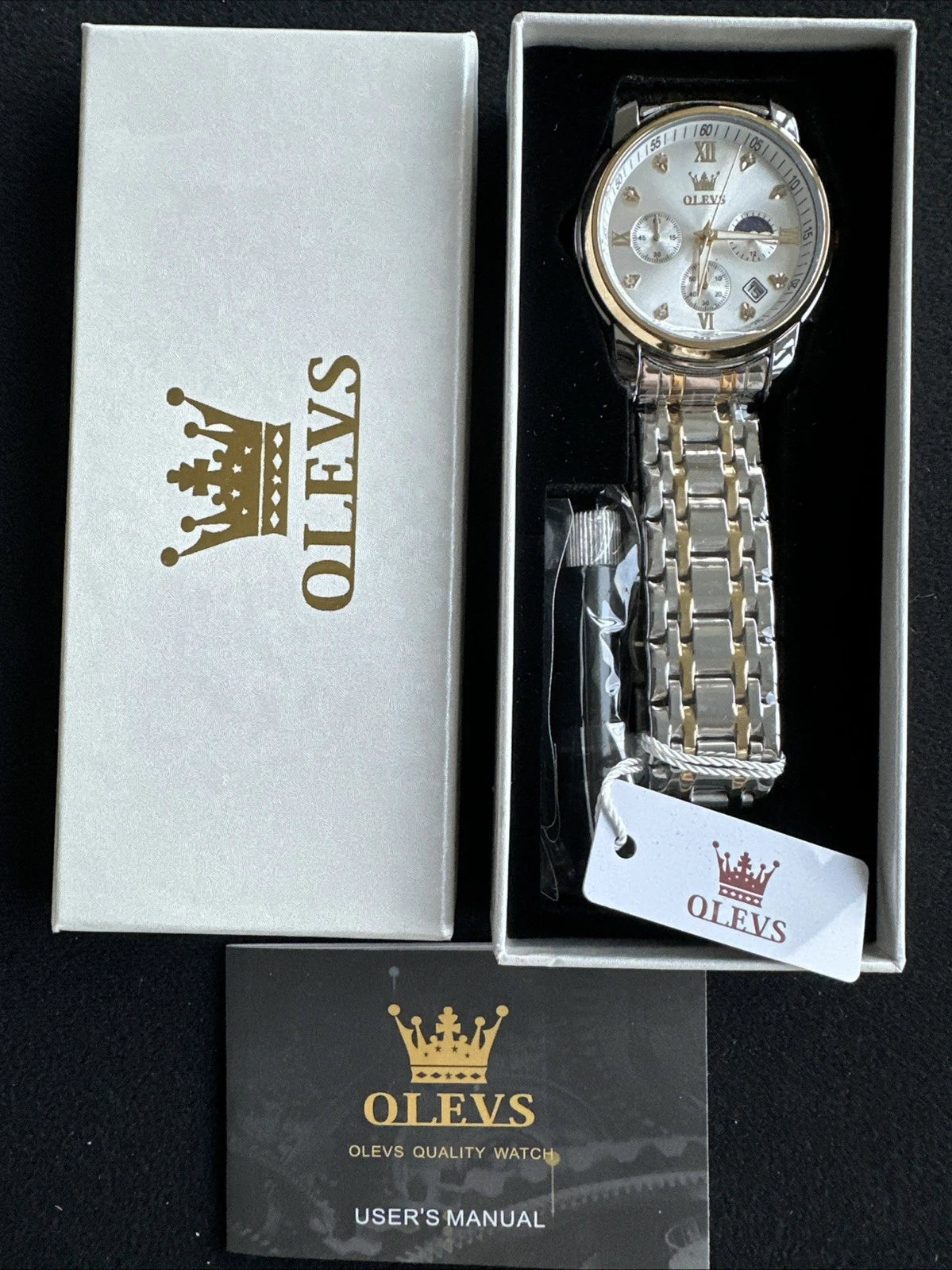 OLEVS Mens Watch Triple Dial, Pearl Face, Gold/Sliver Band, Diamond, Waterproof